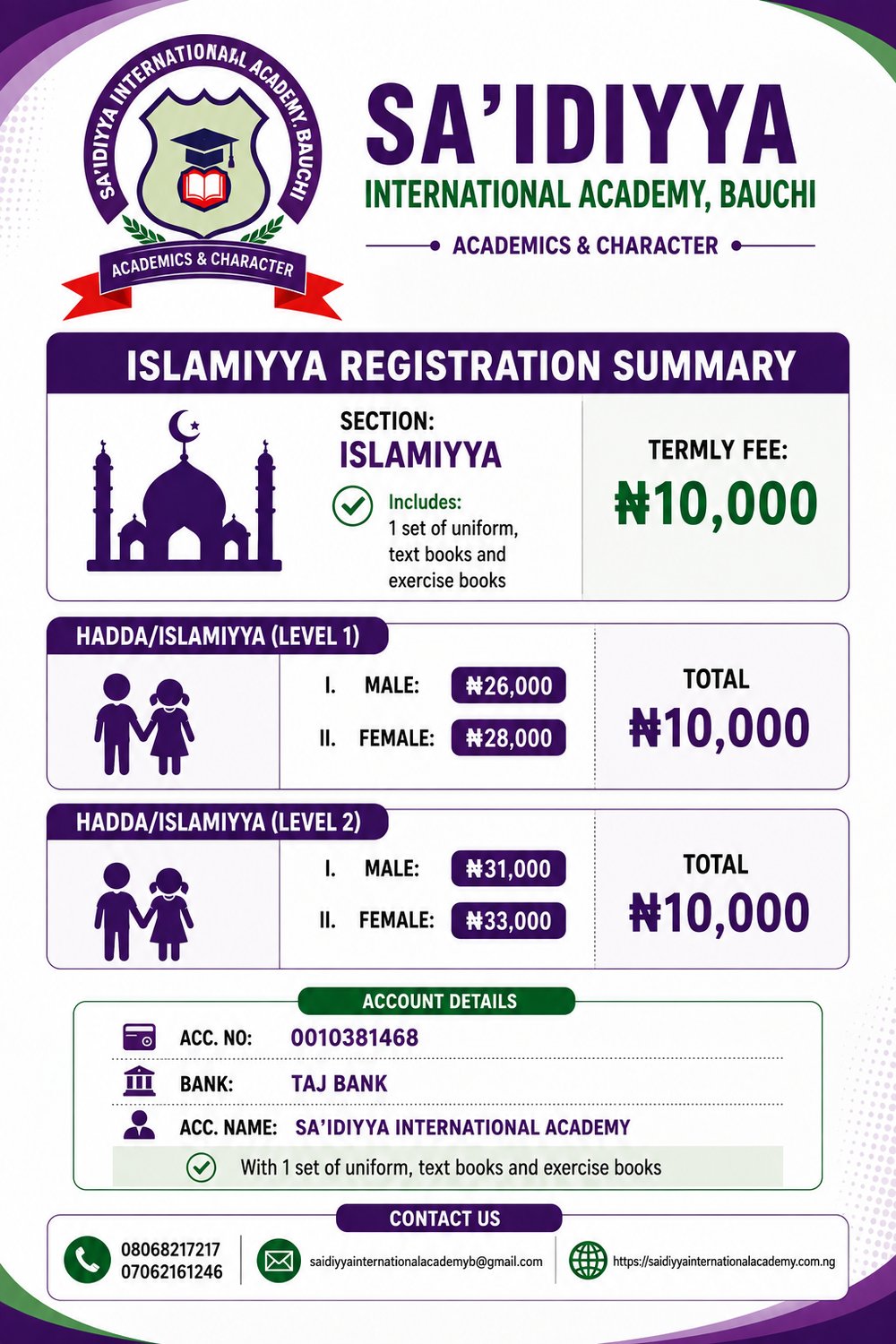 Islamiyya Section Registration Fees