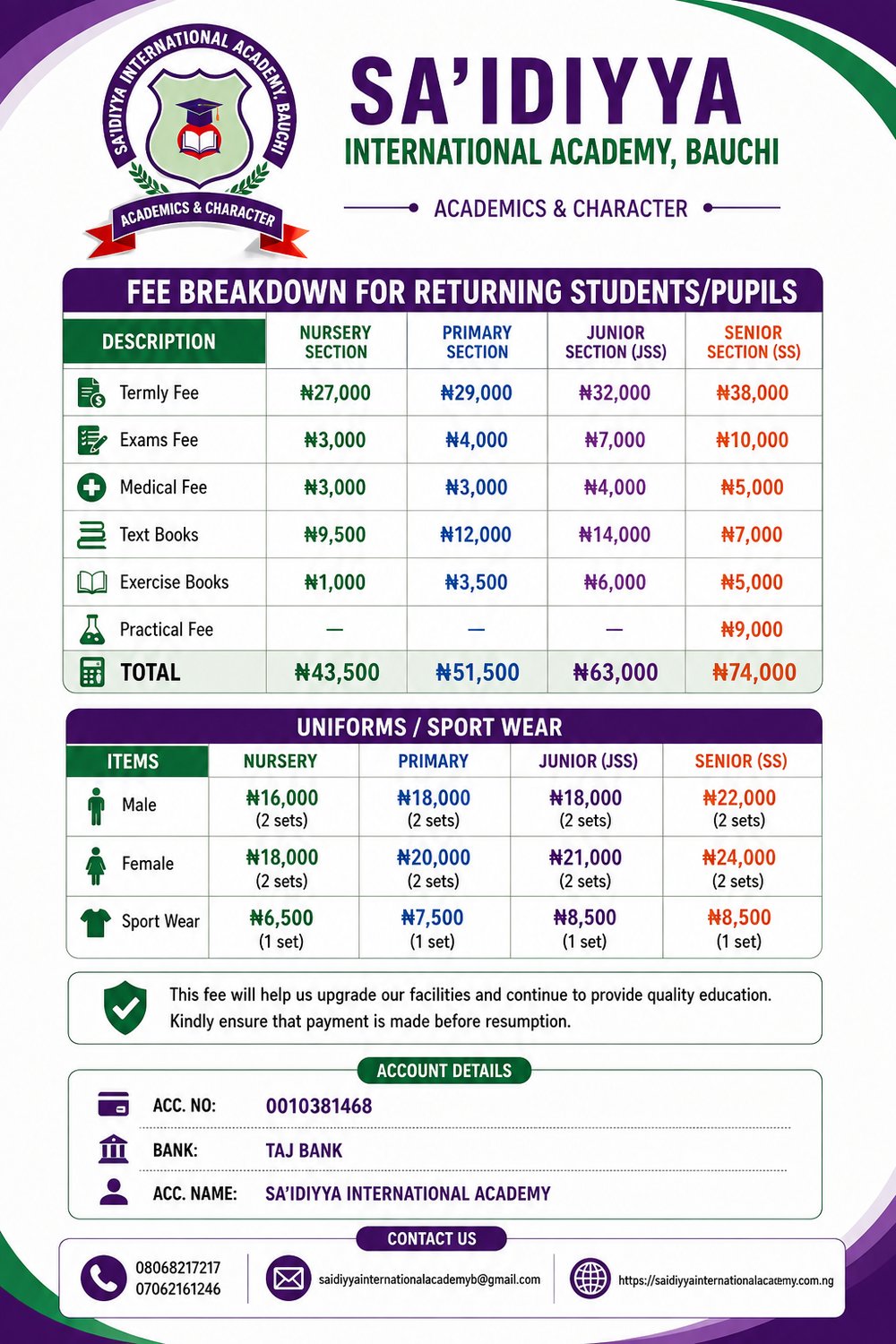 Morning Section Fee Breakdown